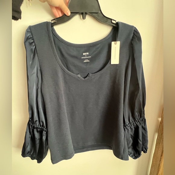 NWT Maeve By Anthropologie Navy Ribbed Satin Balloon Sleeve Top in L - Picture 2 of 3